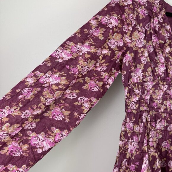 Free People Mini Dress Floral Long Sleeve Purple Boho Smocked Size Small NWT - Picture 4 of 10